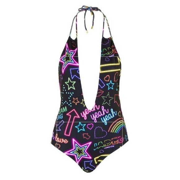 Jaded London Neon Sign Print Plunge Swimsuit - Picture 1 of 6